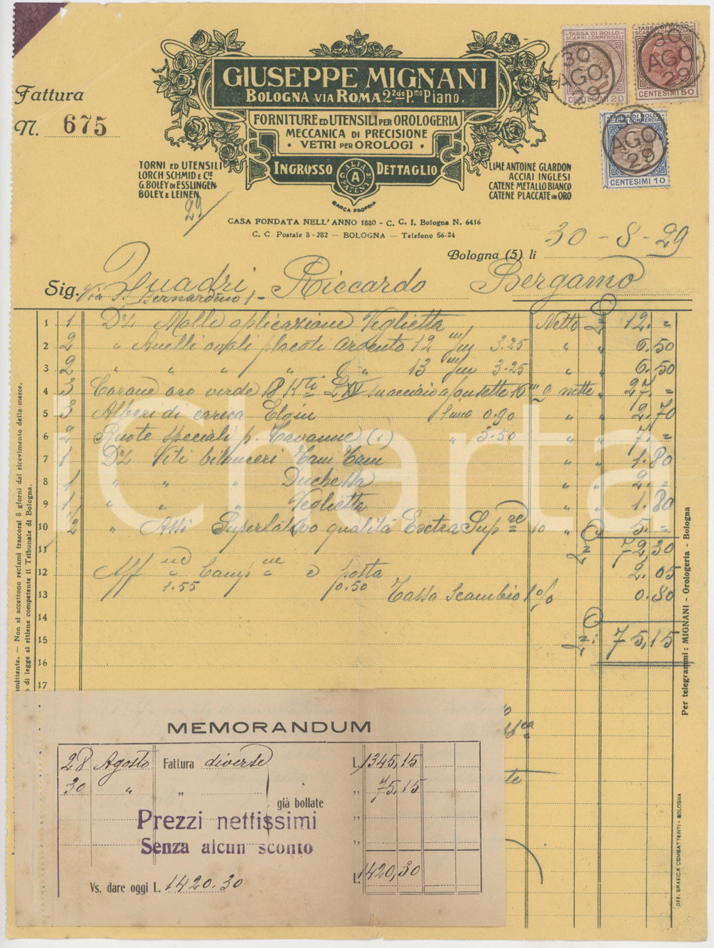 1929 BOLOGNA Via Roma - Giuseppe MIGNANI Forniture per orologeria - Fattura (2)