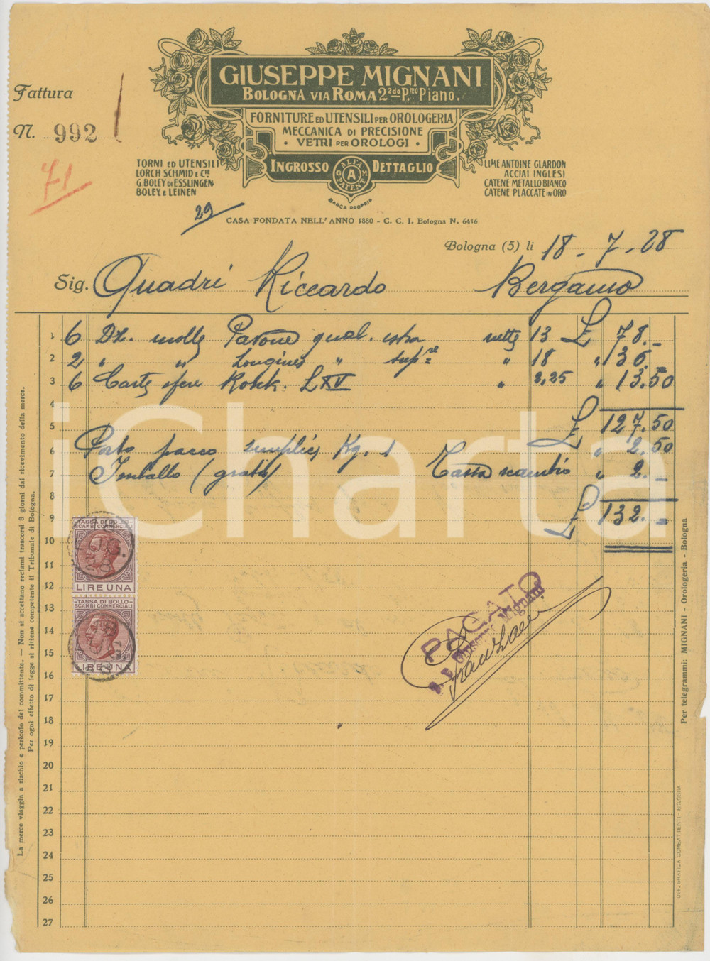 1928 BOLOGNA Via Roma 2 - Giuseppe MIGNANI Forniture per orologeria - Fattura