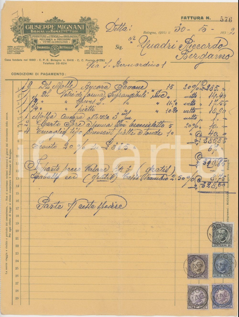 1932 BOLOGNA Via Roma 2 - Giuseppe MIGNANI Forniture per orologeria *Fattura (4) Fattura commerciale d'epoca manoscritta, su carta intestata.Presenti marche da bollo.PAGINE: 1 FAIR/discreto piegature d'epoca; piccola mancanza all'angolo superiore sinistro Formato: 21x28 cm originale e autentica 1