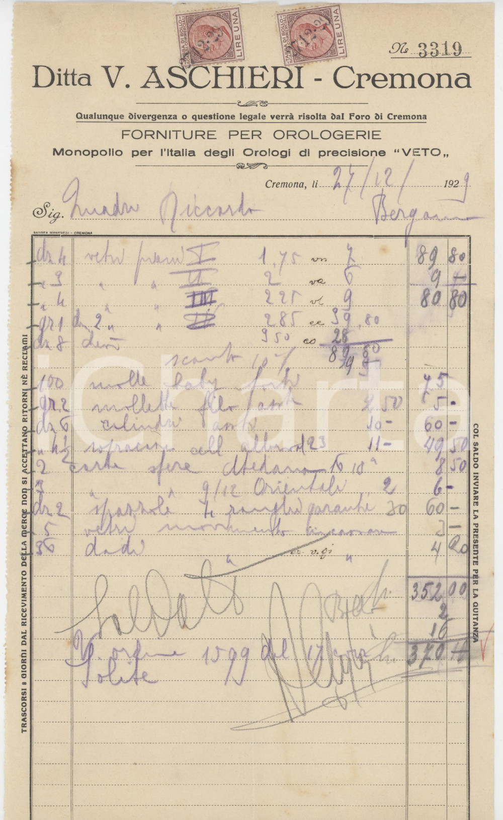 1929 CREMONA - Ditta V. ASCHIERI Forniture per orologerie - Fattura (1)