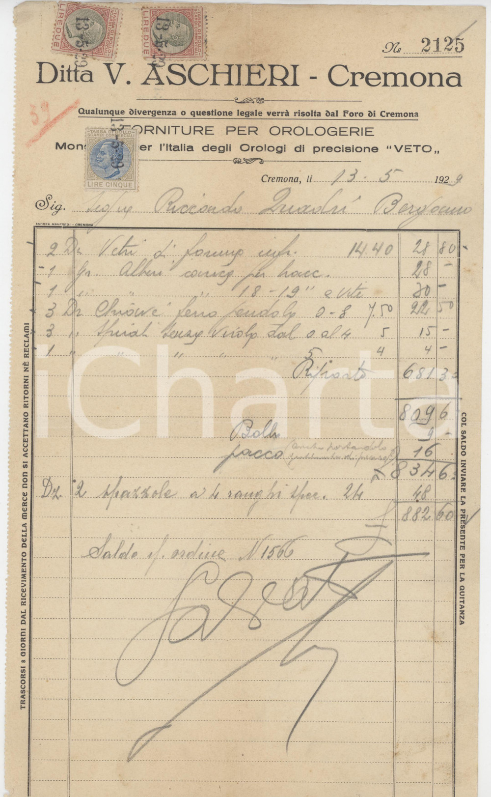 1929 CREMONA - Ditta V. ASCHIERI Forniture per orologerie - Fattura (3)