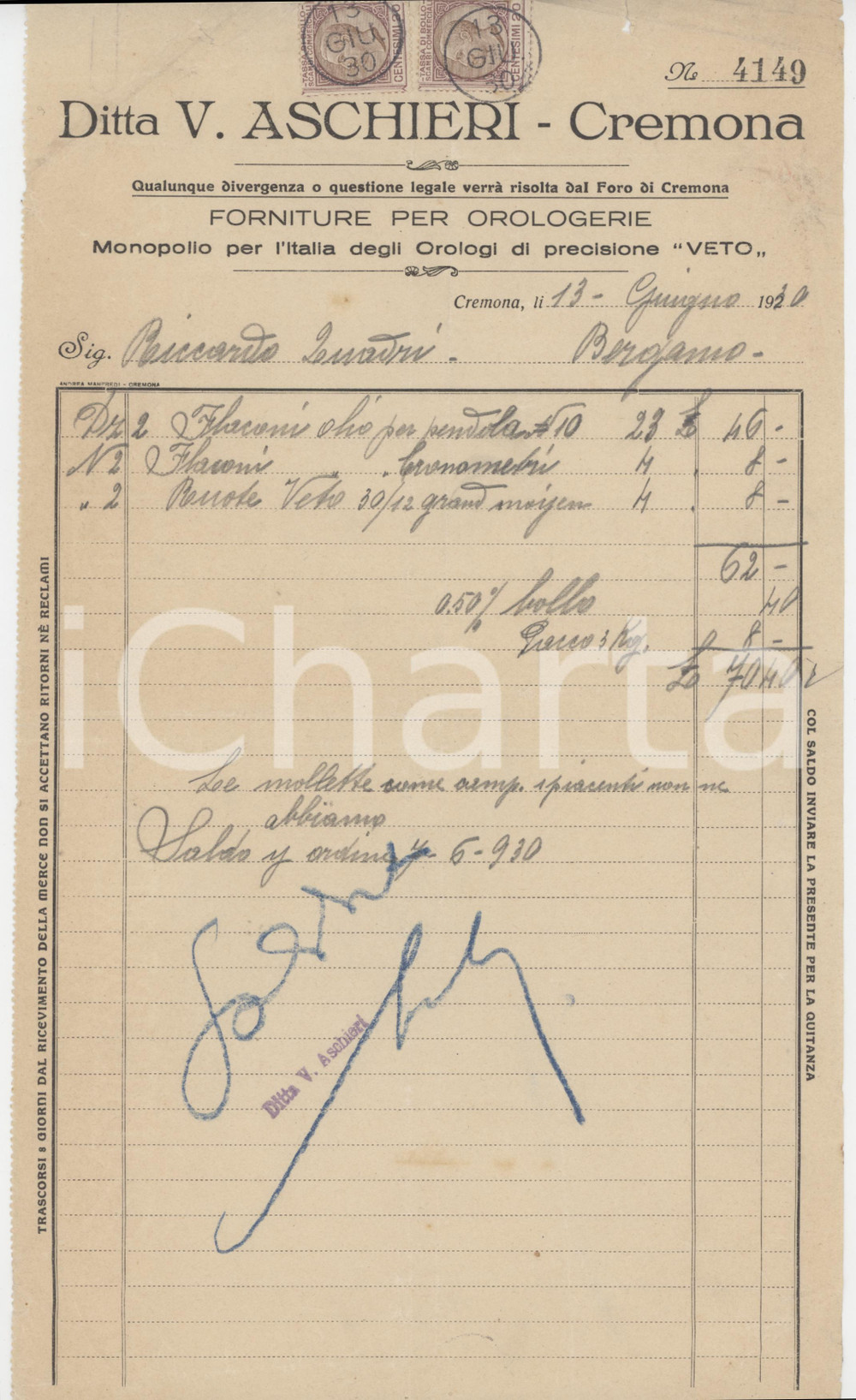 1930 CREMONA - Ditta V. ASCHIERI Forniture per orologerie - Fattura commerciale