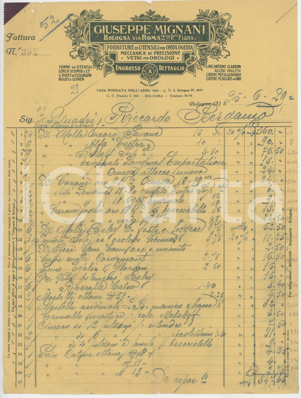 1929 BOLOGNA Via Roma - Giuseppe MIGNANI Forniture per orologeria - Fattura (1) Fattura commerciale d'epoca manoscritta, su carta intestata.PAGINE: 1 FAIR/discreto piegature d'epoca; minimi strappi marginali; piccolo foro al lato superiore Formato: 21x28 cm originale e autentica 1