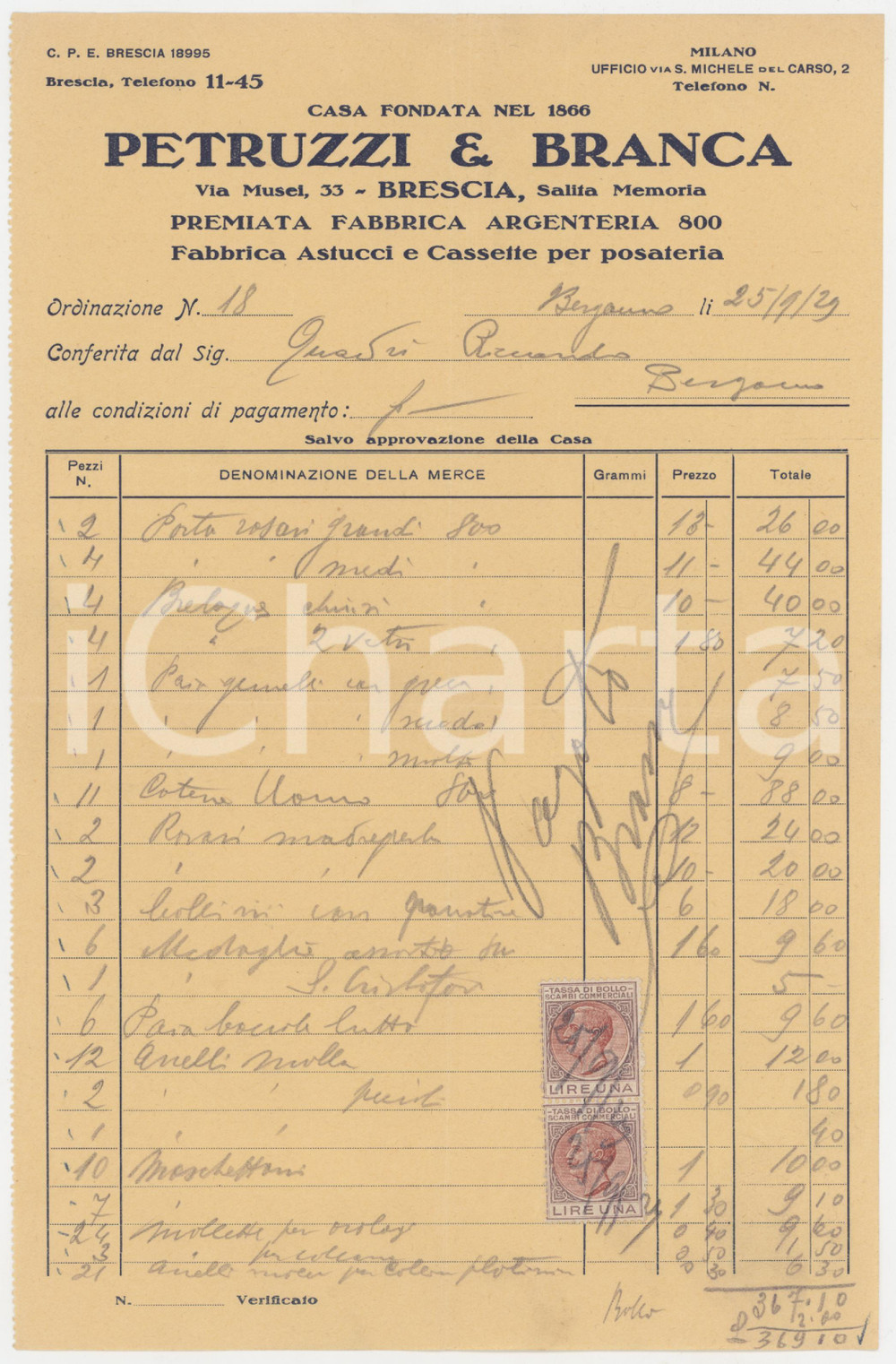 1929 BRESCIA Via Musei 33 - PETRUZZI & BRANCA Fabbrica argenteria - Fattura