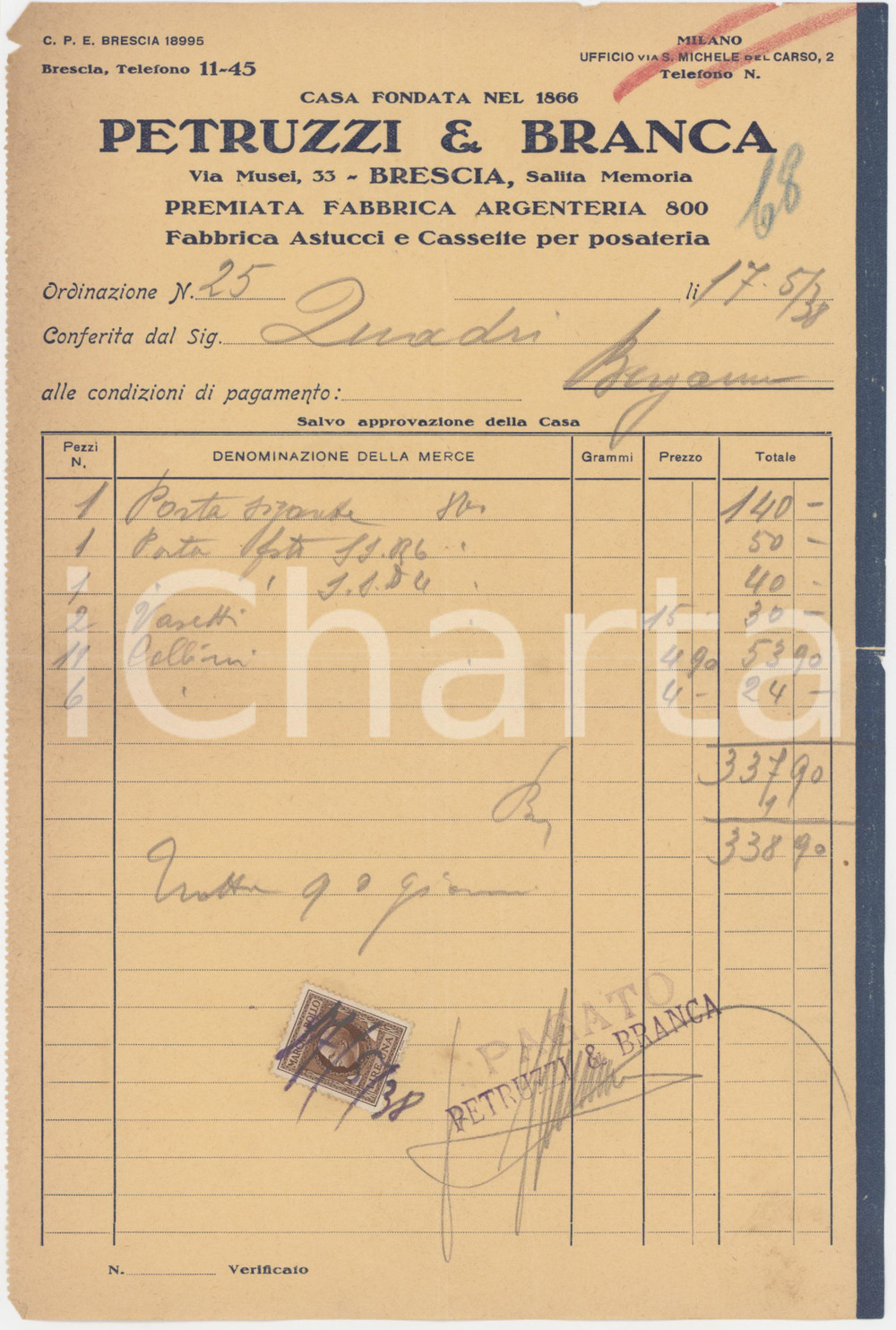 1938 BRESCIA Via Musei 33 - PETRUZZI & BRANCA Fabbrica argenteria - Fattura