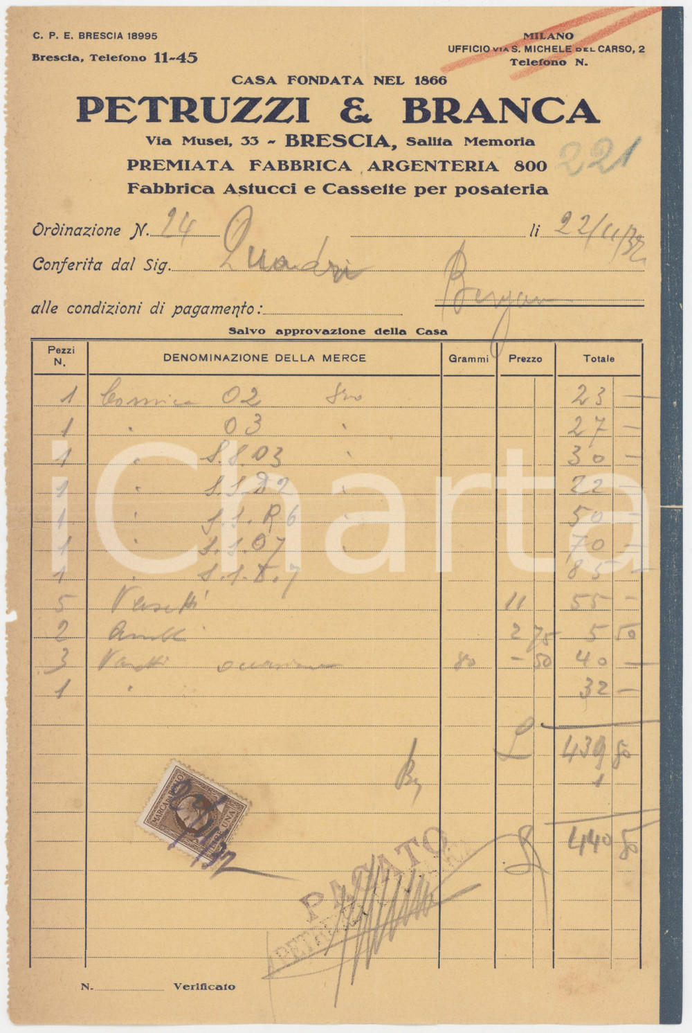 1937 BRESCIA Via Musei 33 - PETRUZZI & BRANCA Fabbrica argenteria - Fattura