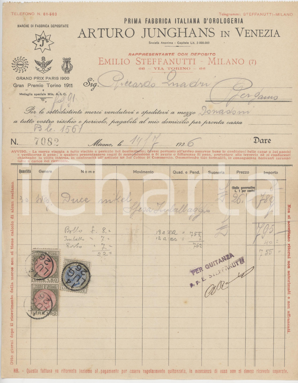 1926 VENEZIA - Arturo JUNGHANS Prima Fabbrica d'orologeria - Fattura (1) Fattura commerciale d'epoca manoscritta, su carta intestata.Presenti marche da bollo.PAGINE: 1 FAIR/discreto piegature d'epoca; piccoli strappi marginali Formato: 22x27 cm originale e autentica 1