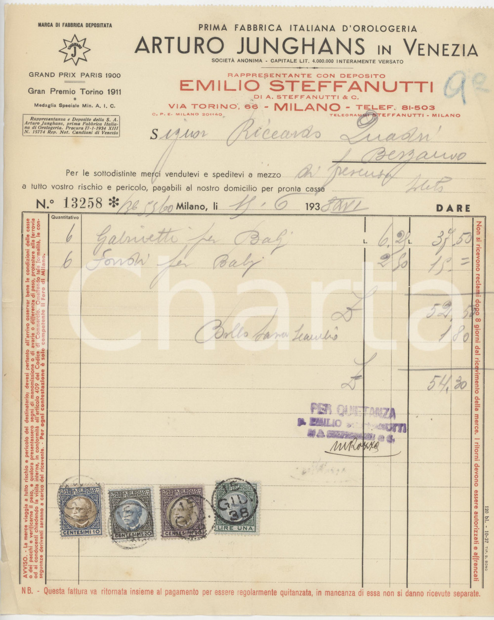 1938 VENEZIA - Arturo JUNGHANS Prima Fabbrica italiana d'orologeria - Fattura