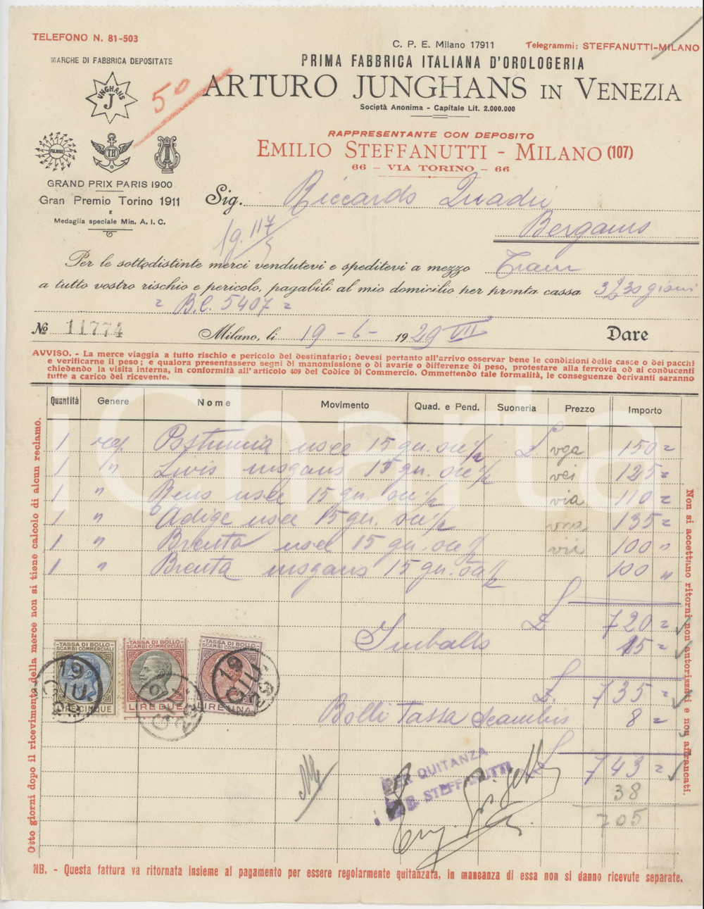 1929 VENEZIA - Arturo JUNGHANS Prima Fabbrica d'orologeria - Fattura (1)