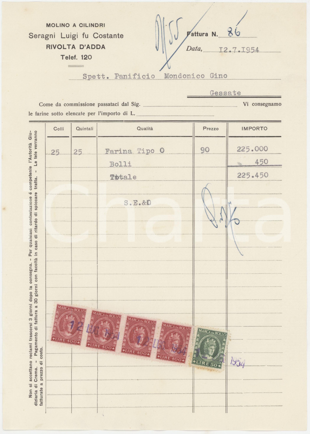 1954 RIVOLTA D'ADDA (CR) Molino Luigi SERAGNI fu Costante - Fattura farina (3) Fattura commerciale d'epoca dattiloscritta, su carta intestata.Presenti marche da bollo. PAGINE: 1 GOOD/buono  Formato: 17x24 cm originale e autentica 1