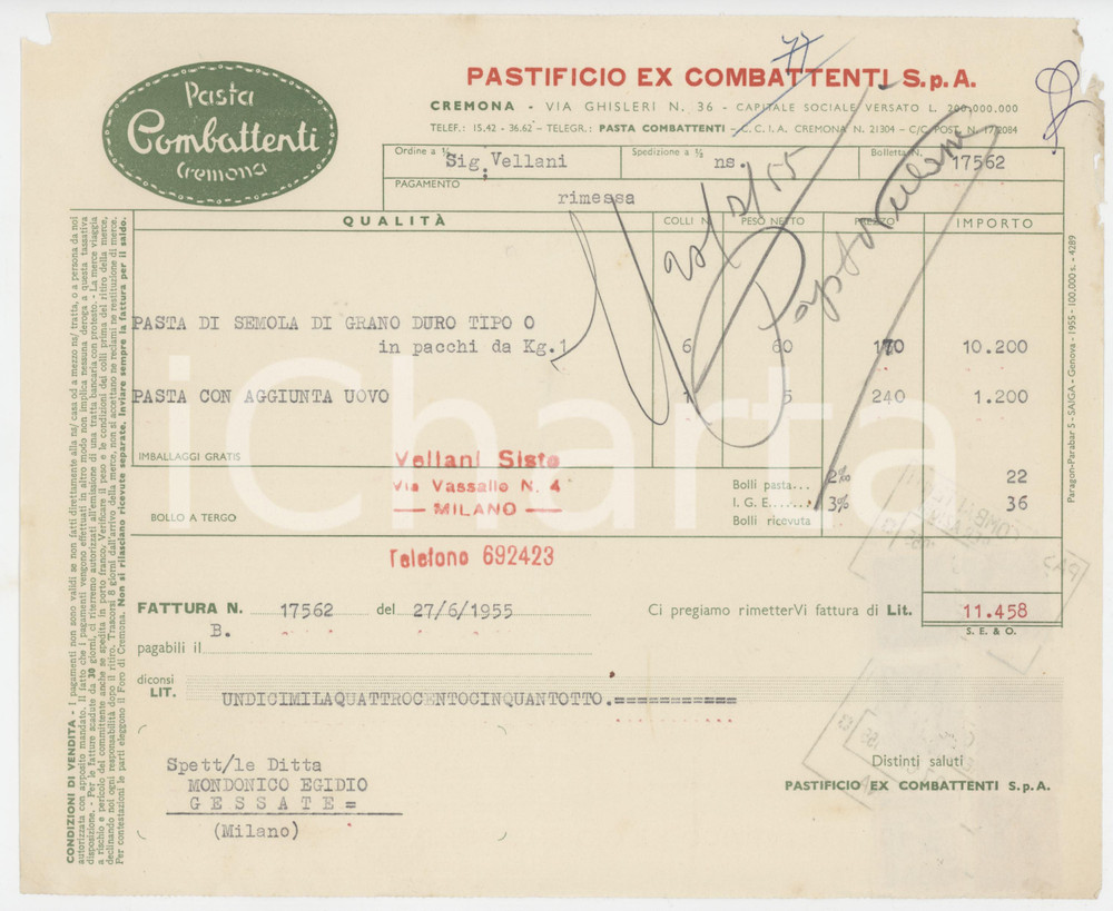 1955 CREMONA Via Ghisleri 36 - Pastificio Ex Combattenti S.p.A. - Fattura (1)