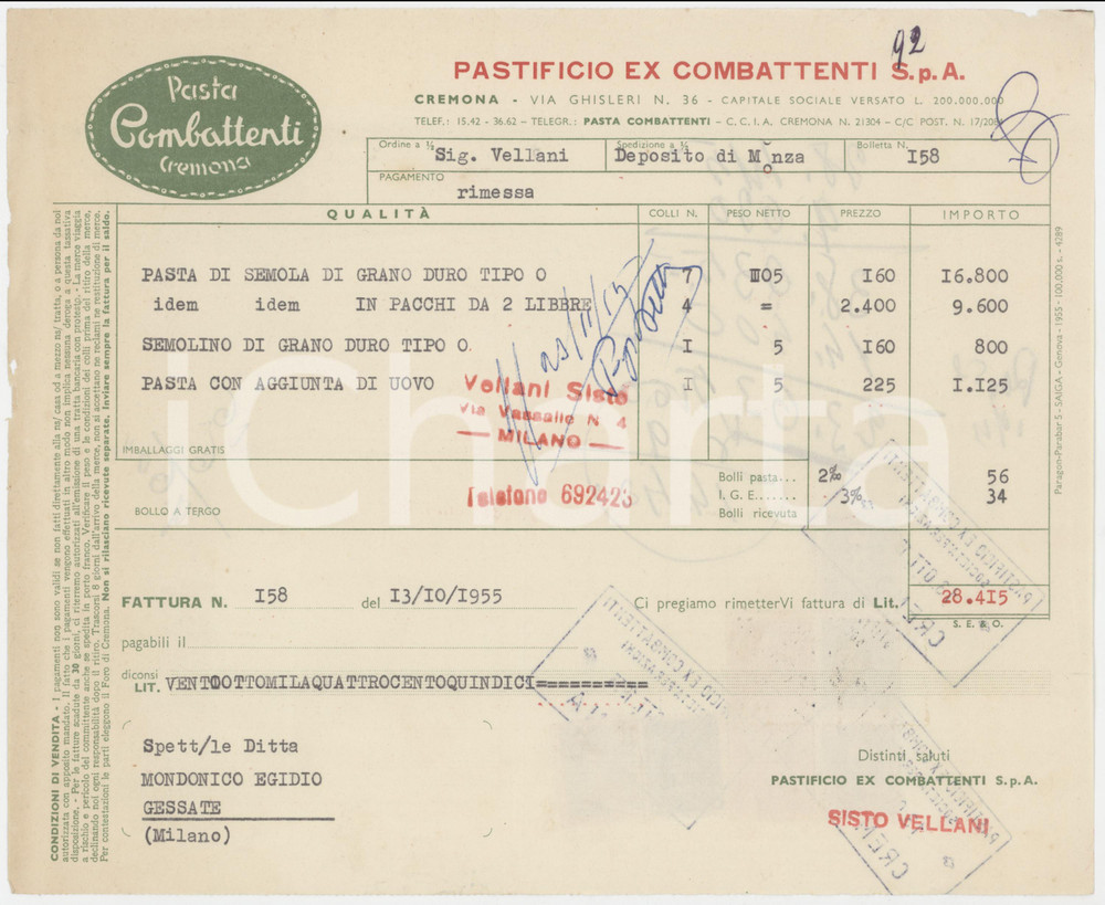 1955 CREMONA Via Ghisleri 36 - Pastificio Ex Combattenti S.p.A. - Fattura (2)