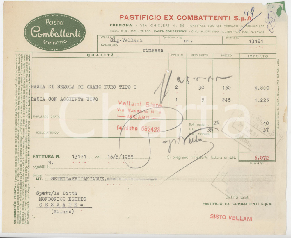 1955 CREMONA Via Ghisleri 36 - Pastificio Ex Combattenti S.p.A. - Fattura (3)