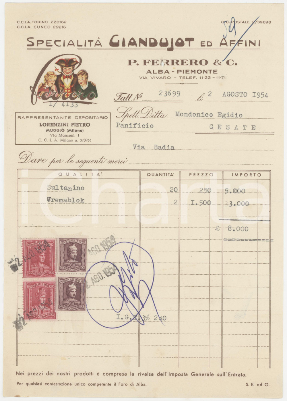 1954 ALBA - P. FERRERO & C. - Fattura per cioccolato Sultanino e Cremablok (2) Fattura commerciale d'epoca dattiloscritta, su carta intestata.Presenti marche da bollo.PAGINE: 1 POOR/danneggiato piegature d'epoca; foro con strappo al lato superiore Formato: 17x24 cm originale e autentica 1