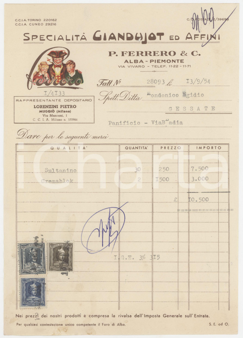1954 ALBA - P. FERRERO & C. - Fattura per cioccolato Sultanino e Cremablok (1)