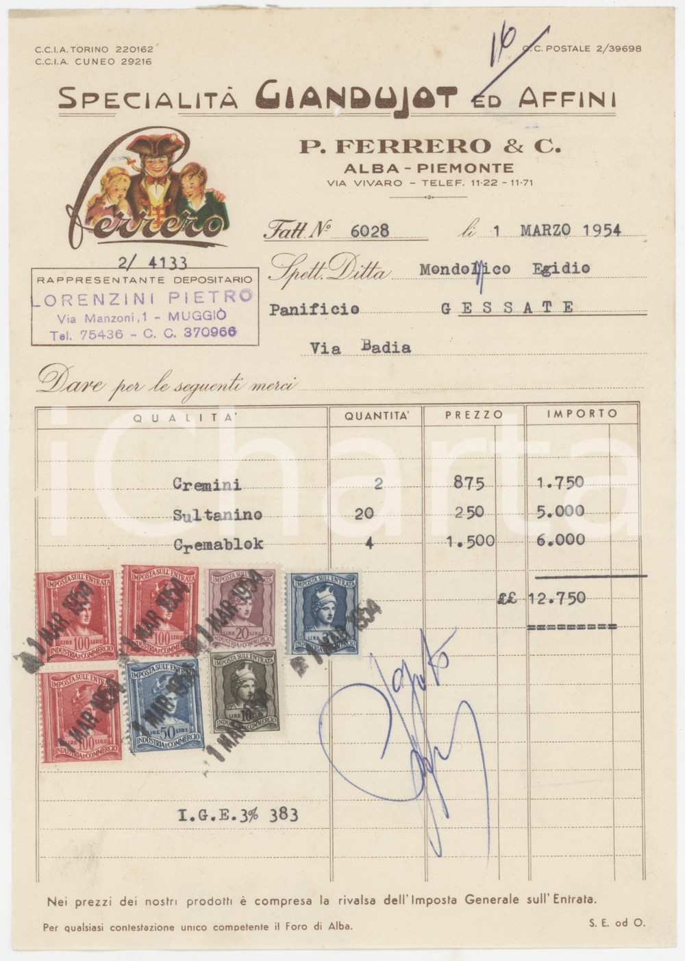 Documento originale, autentico 1954 ALBA  P. FERRERO & C. Cremini Sultanino Cremablok  Fattura commerciale 1