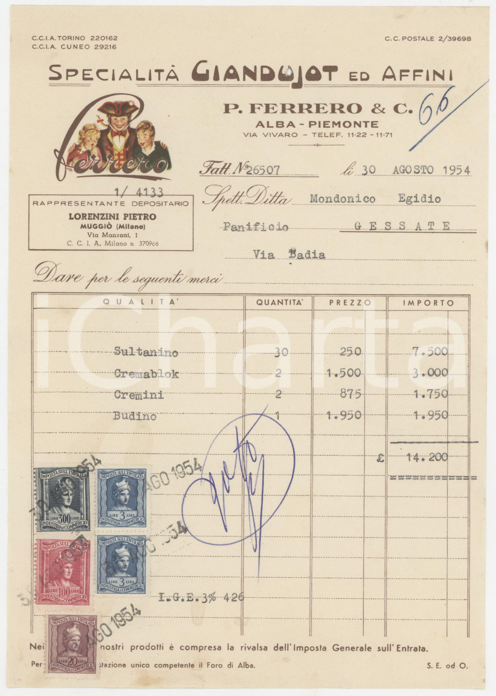 1954 ALBA - P. FERRERO & C. Cremini Sultanino Cremablok Budino - Fattura Fattura commerciale d'epoca dattiloscritta, su carta intestata.Presenti marche da bollo.PAGINE: 1 POOR/danneggiato piegature d'epoca; foro al lato superiore; macchie al lato inferiore Formato: 17x24 cm originale e autentica 1