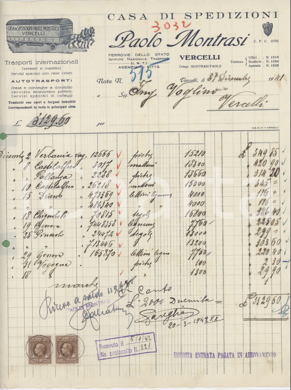 1941 VERCELLI - Paolo MONTRASI Casa di spedizioni - Fattura commerciale Fattura commerciale d'epoca manoscritta, su carta intestata.Presenti marche da bollo.PAGINE: 1 FAIR/discreto piegature d'epoca; fori da classificatore; gualciture Formato: 23x29 cm originale e autentica 1
