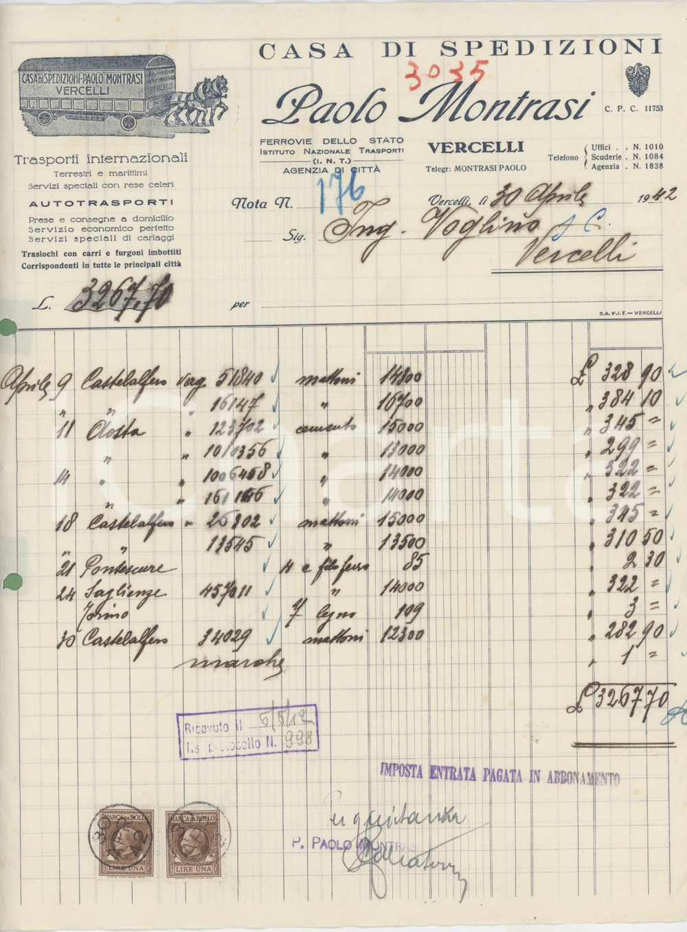 1942 VERCELLI - Paolo MONTRASI Casa di spedizioni - Fattura commerciale (3)