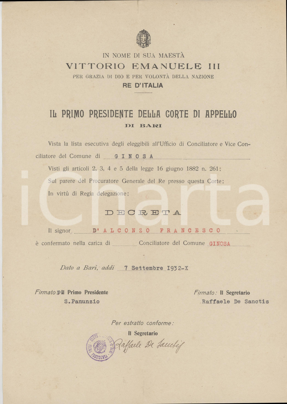 1932 GINOSA (TA) Conferma Francesco D'ALCONZO conciliatore del Comune Documento originale d'epoca, a stampa, su carta intestata, emanato dalla Corte di Appello di Bari.PAGINE: 1 FAIR/discreto piegature d'epoca e piccolo strappo al lato superiore Formato: 21x28 cm originale e autentica 1