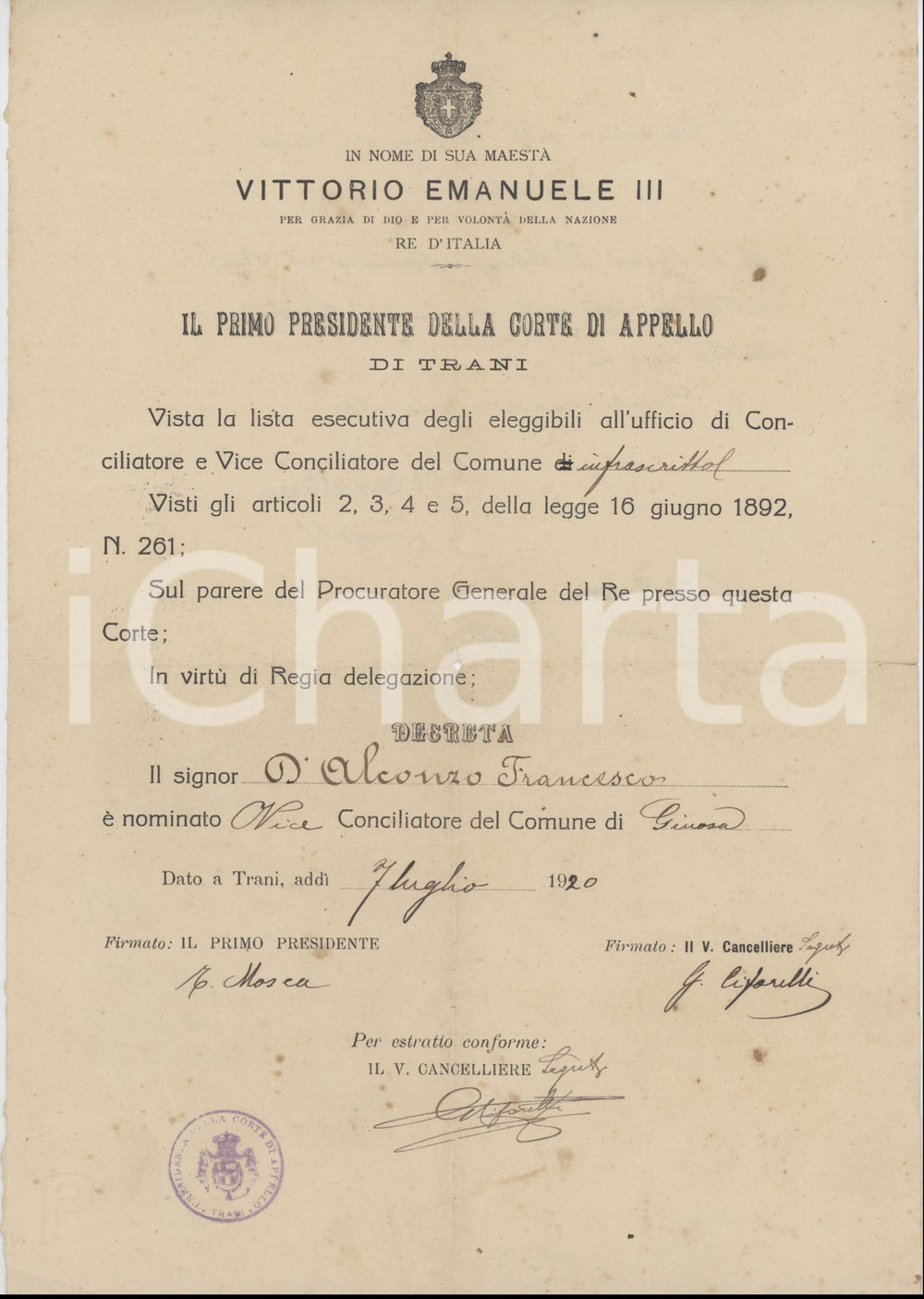 1920 GINOSA (TA) Conferma Francesco D'ALCONZO vice conciliatore del Comune Documento originale d'epoca, a stampa, su carta intestata, emanato dalla Corte di Appello di Trani.PAGINE: 1 FAIR/discreto piegature d'epoca e fioriture Formato: 21x31 cm originale e autentica 1