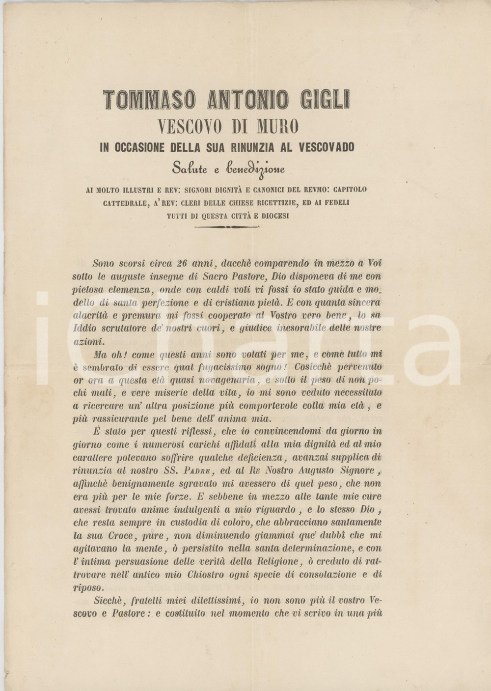 Documento originale, autentico 1858 MURO LUCANO PZ Discorso mons. Tommaso Antonio GIGLI rinuncia vescovado 1