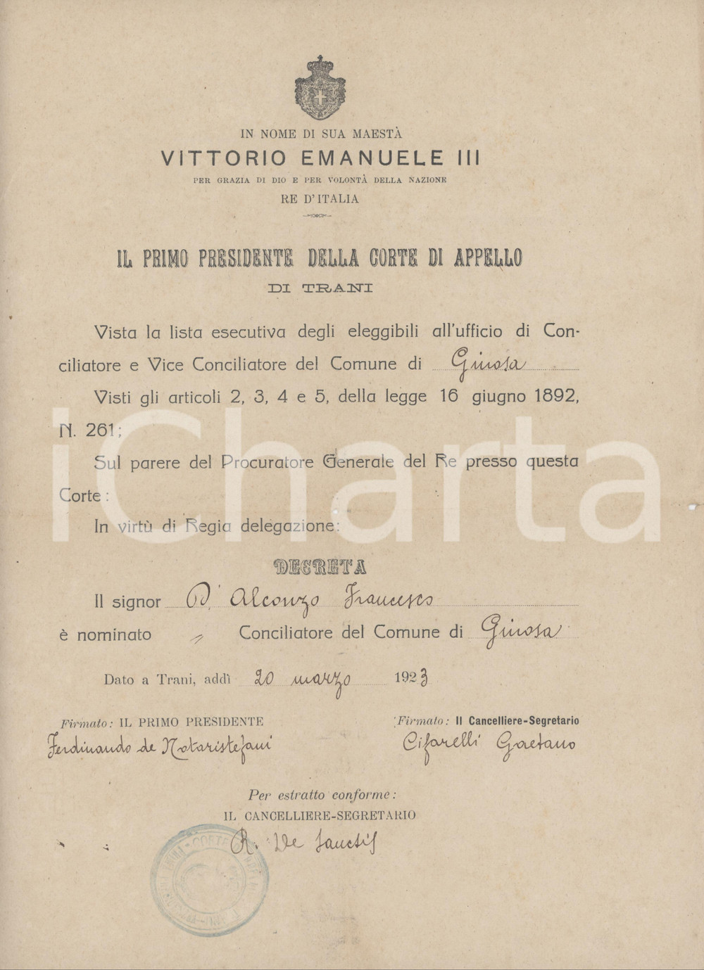 1923 GINOSA (TA) Conferma Francesco D'ALCONZO conciliatore del Comune Documento originale d'epoca, a stampa, su carta intestata, emanato dalla Corte di Appello di Trani.PAGINE: 1 FAIR/discreto piegature d'epoca e piccolo strappo marginale Formato: 21x31 cm originale e autentica 1