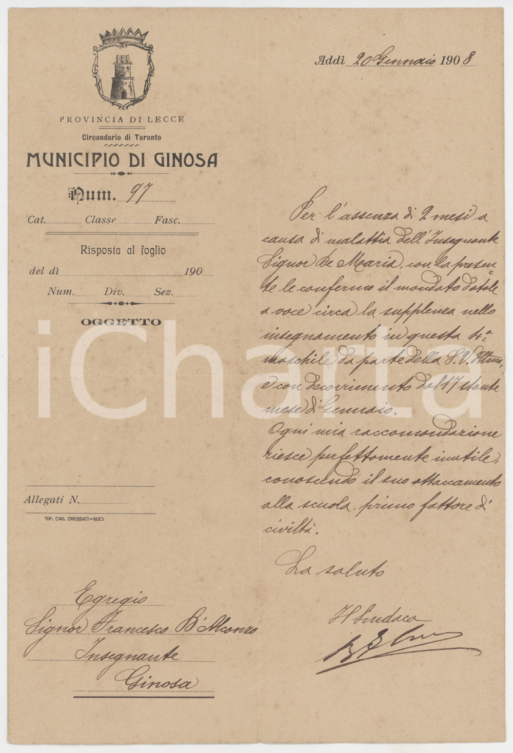 Documento originale, autentico 1908 GINOSA TA Nomina Francesco D ALCONZO supplente della scuola maschile 1
