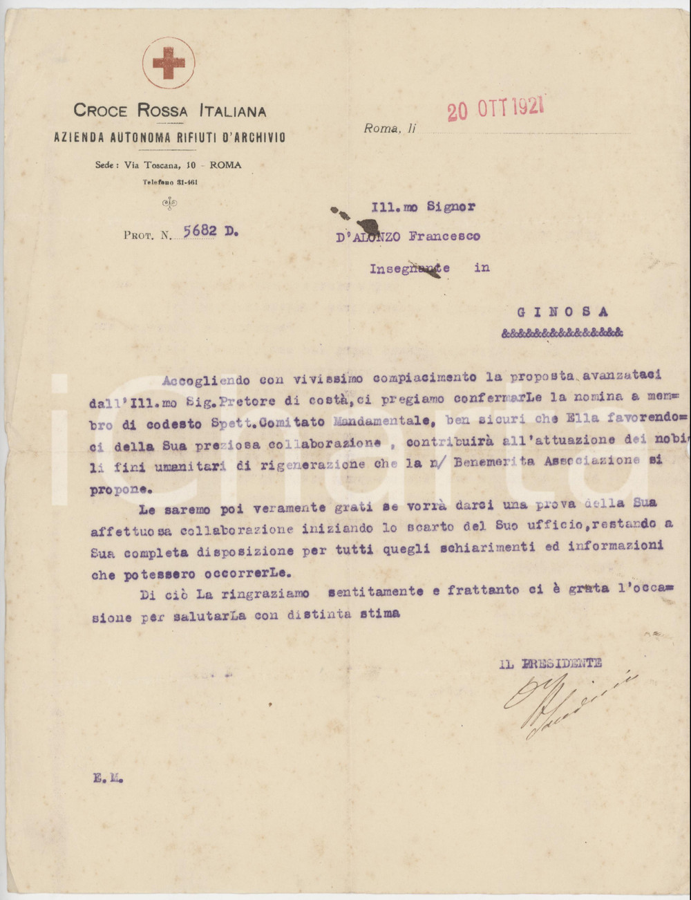 Documento originale, autentico 1921 CROCE ROSSA ITALIANA ROMA Nomina Francesco D ALONZO Comitato Mandamentale 1