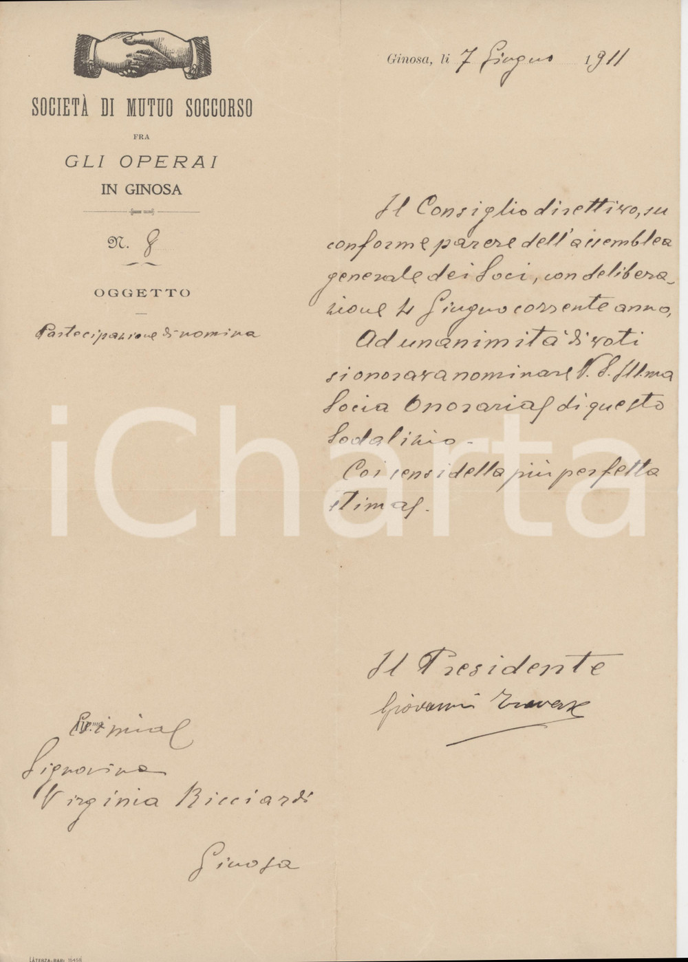 Documento originale, autentico 1911 GINOSA TA SocietÃ  Mutuo Soccorso Operai  Nomina socia onoraria 1