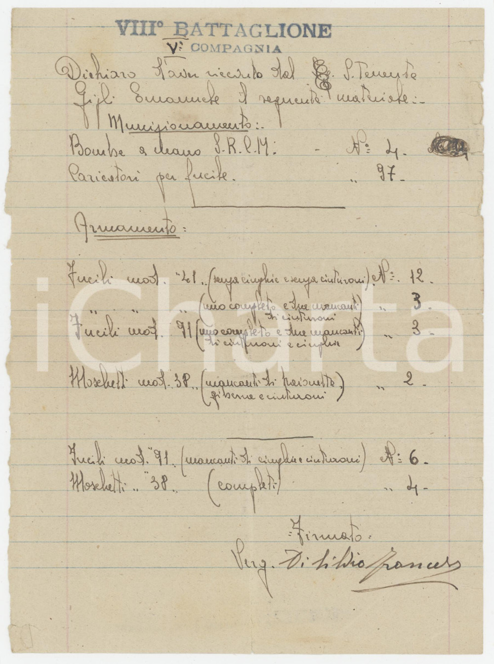 1944 (?) WW2 ZONA DI GUERRA VIII Battaglione V Compagnia - Ricevuta per armi Documento originale manoscritto, con il quale il sergente Francesco Di Silvio dichiara di avere ricevuto una serie di armi e bombe a mano.PAGINE: 1 POOR/danneggiato piegature d'epoca e gualciture al lato destro Formato: 15x20 cm originale e autentica 1