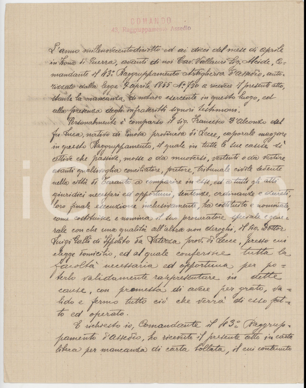 Documento originale, autentico 1918 43° Comando Raggruppamento Assedio  Francesco D ALCONZO nomina procuratore 1