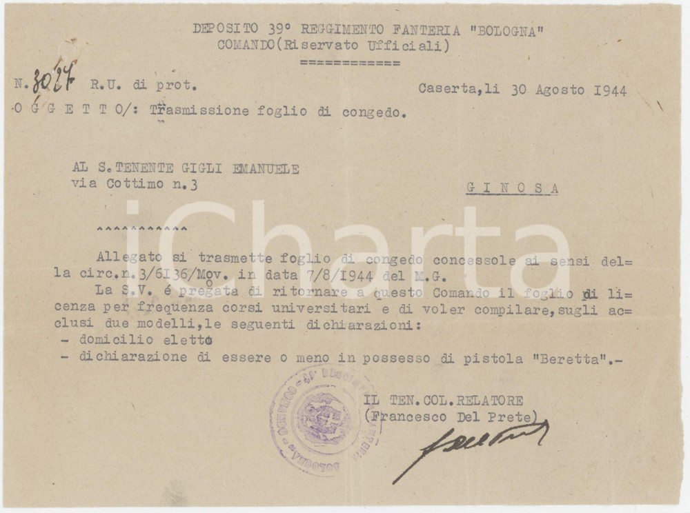 Documento originale, autentico 1944 WW2 CASERTA 39Â°Reggimento Fanteria Bologna  Lettera congedo universitario 1