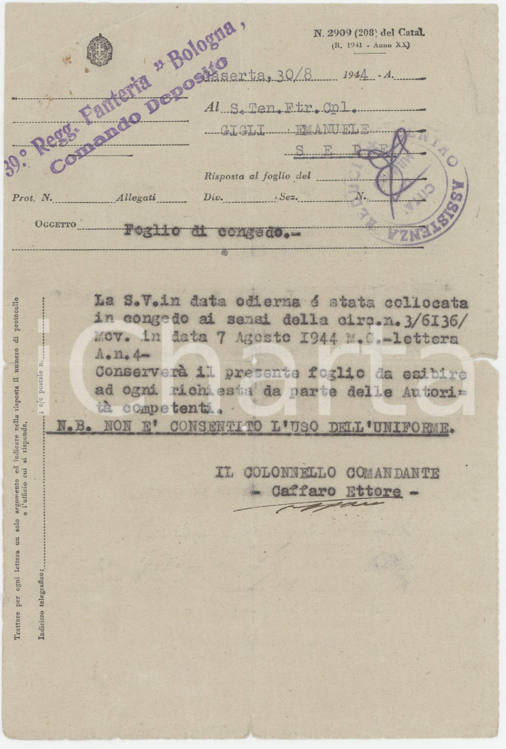 Documento originale, autentico 1944 WW2 CASERTA 39°Reggimento Fanteria Bologna  Congedo s. ten. Emanuele GIGLI 1