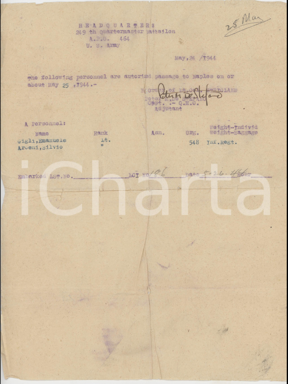 1944 WW2 US ARMY USA APO 464 Headquarters 249th Bataillon - Pass to Naples