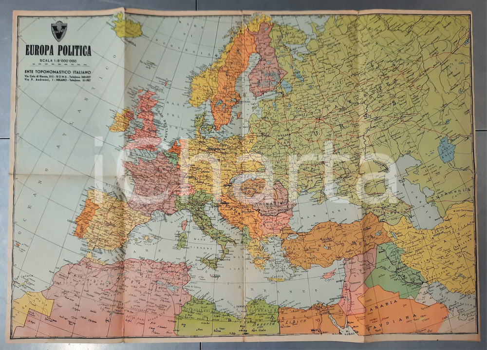1941 ETI Carta geografica EUROPA politica - VISCEGLIA 88x60 cm Carta geografica d'epoca, supplemento alla "Guida Toponomastica Visceglia", collana "Meridiani e Paralleli". FAIR/discreto alcuni strappi lungo le piegature e qualche fioritura Formato: 88x60 cm (aperta) originale e autentica 1
