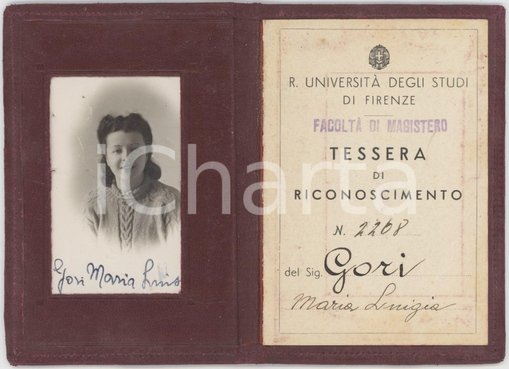 Oggetto da collezione cartaceo 1940 UniversitÃ  di FIRENZE  FacoltÃ  MAGISTERO  Tessera Maria Luigia GORI 1