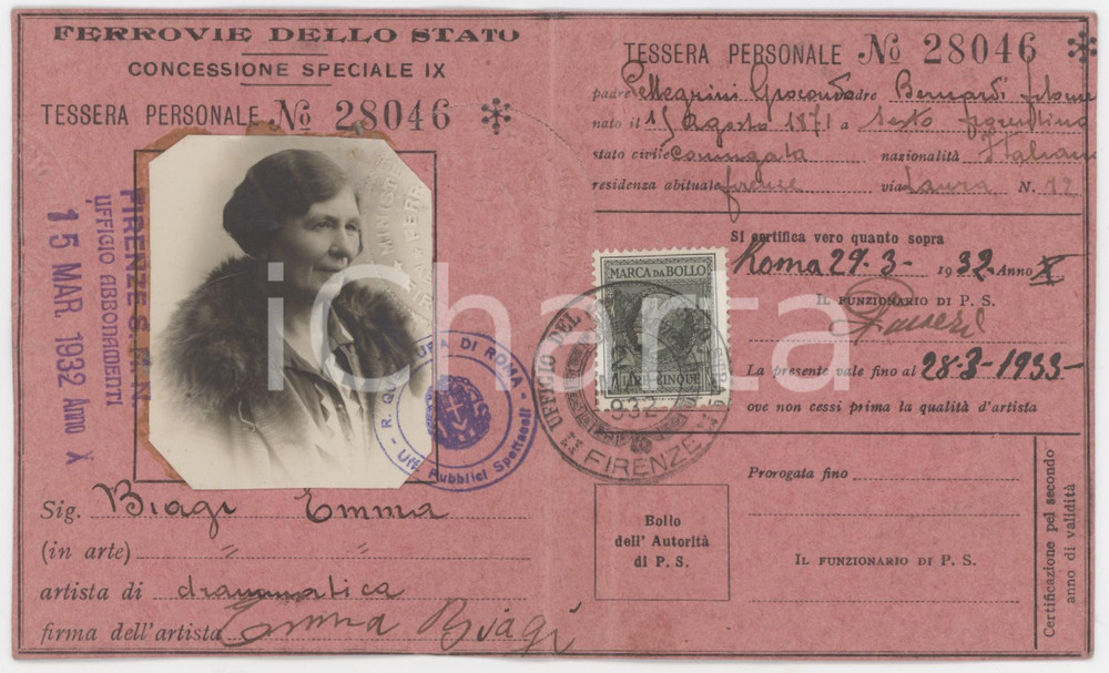 1932 ROMA FERROVIE DELLO STATO - Tessera Emma BIAGI artista Tessera ferroviaria d'epoca, con fotografia originale. GOOD/buono  Formato: 8x9 cm originale e autentica 1