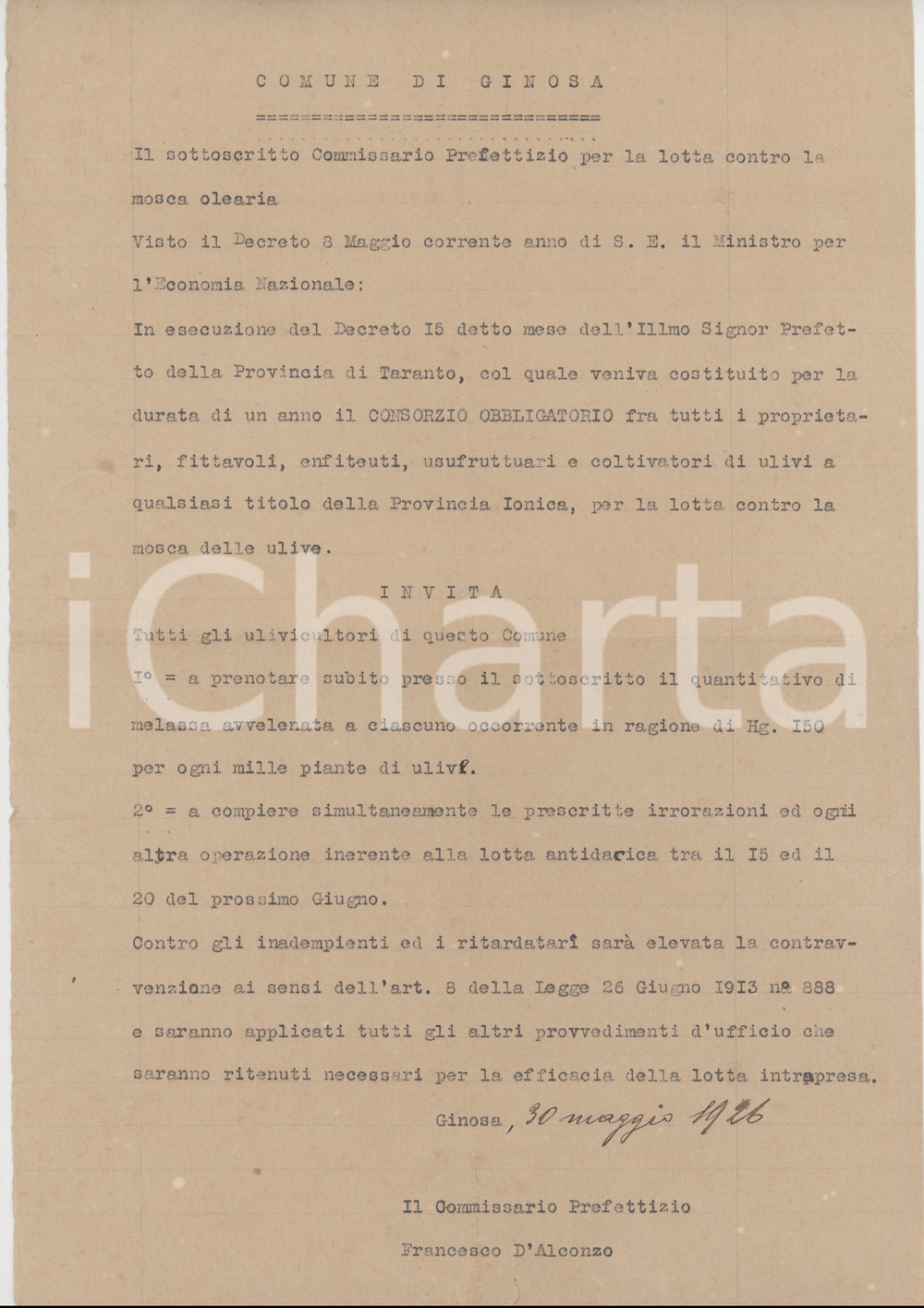 Documento originale, autentico 1926 GINOSA TA Lotta antidacica ulivi  Invito a prenotare melassa avvelenata 1