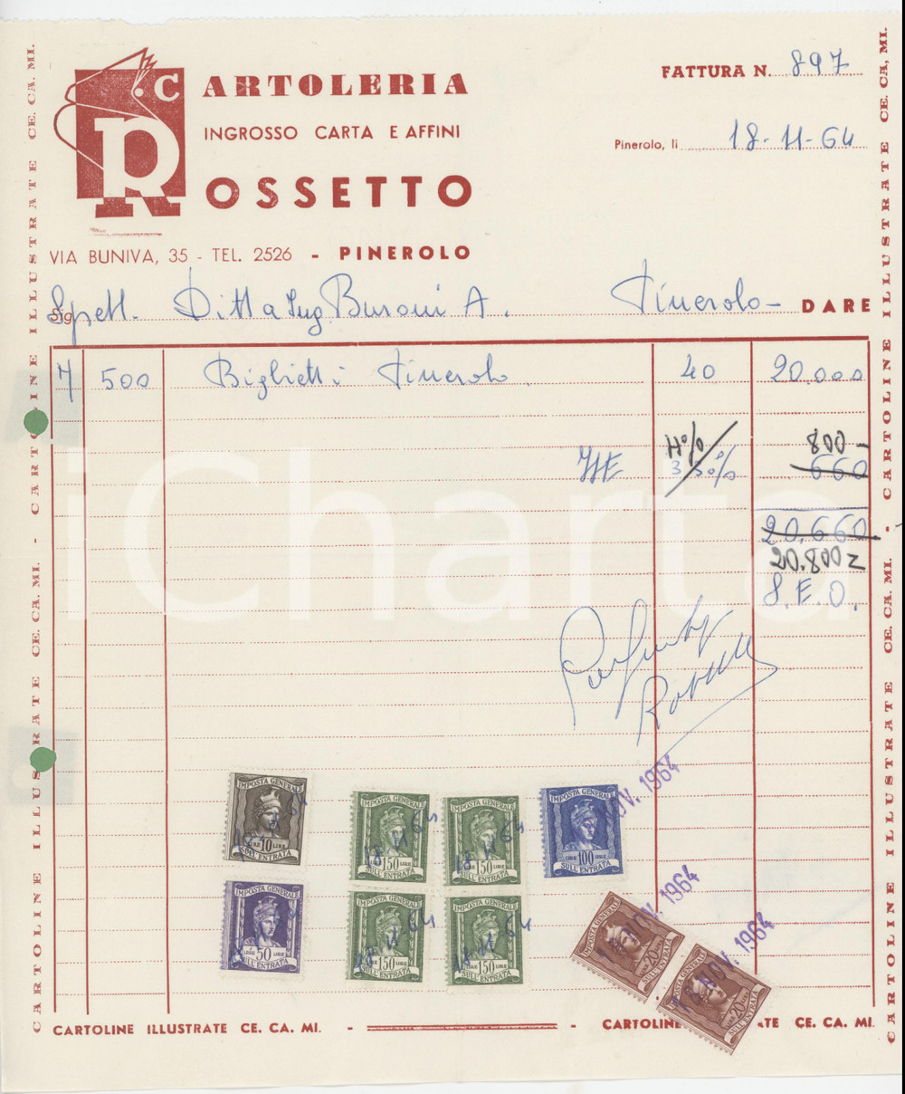 Oggetto da collezione cartaceo 1964 PINEROLO Via Buniva 35  Cartoleria ROSSETTO Fattura 22x25 cm 1