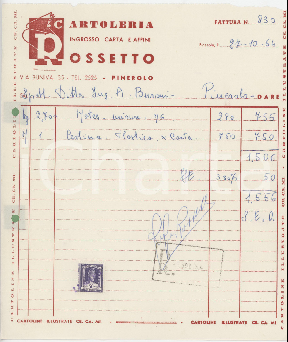 1964 PINEROLO Via Buniva 35 - Cartoleria ROSSETTO Fattura 22x25 cm (1)