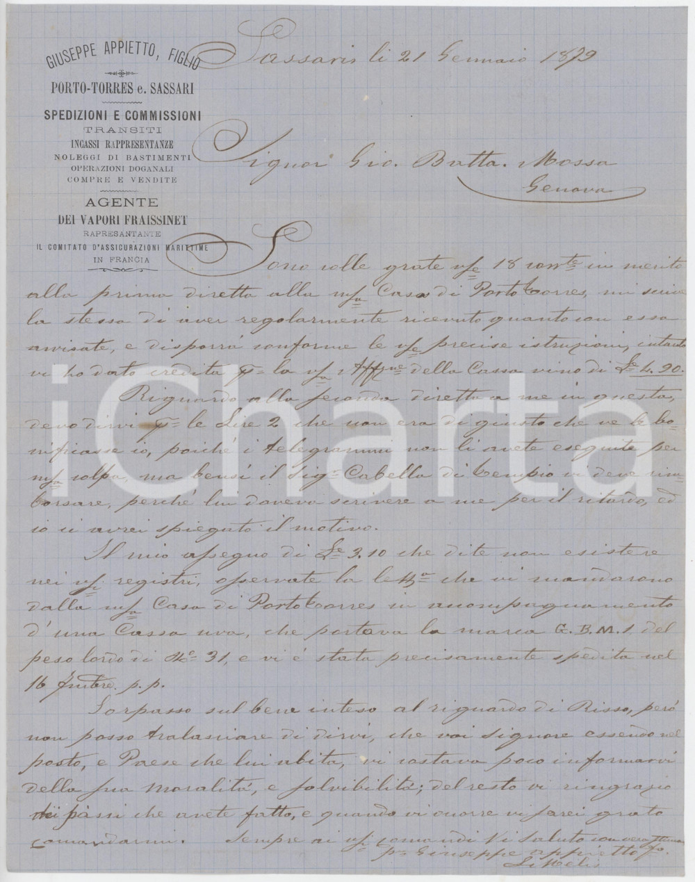 1879 SARDEGNA SASSARI Lettera ditta Giuseppe APPIETTO spedizioniere Lettera commerciale d'epoca, manoscritta, su carta intestata.PAGINE: 1 FAIR/discreto piegature d'epoca; minimo strappo al lato destro  originale e autentica 1
