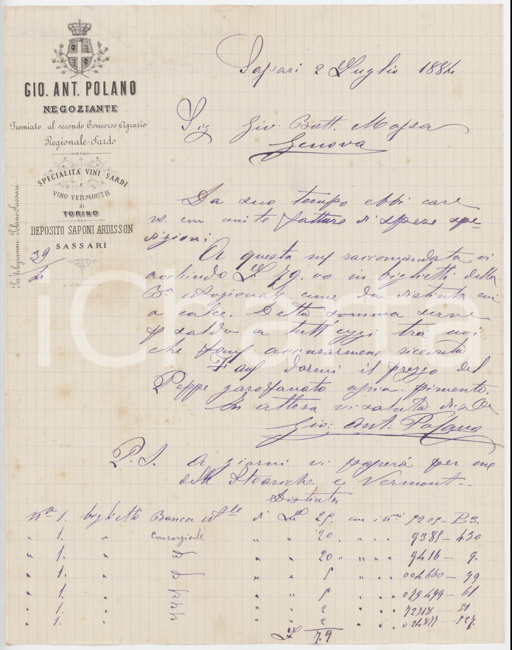 Manoscritto, lettera originale 1884 SARDEGNA SASSARI Ditta Giovanni Antonio POLANO vini sardi  Lettera 1