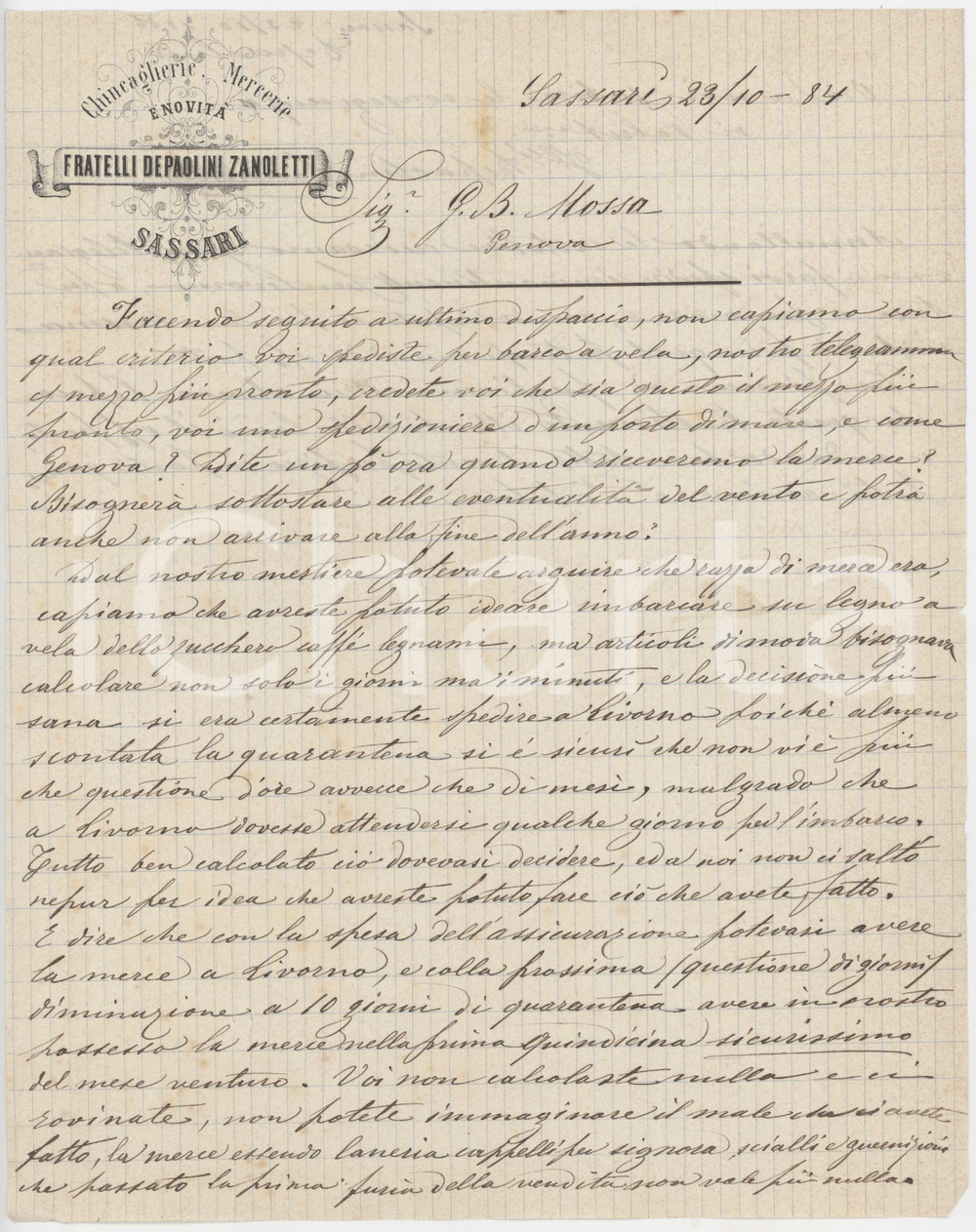 Manoscritto, lettera originale 1884 SARDEGNA SASSARI Fratelli DEPAOLINI ZANOLETTI  Chincaglierie Lettera 1