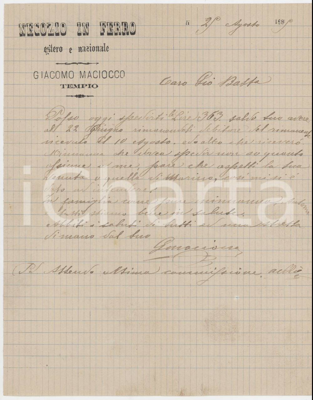 Manoscritto, lettera originale 1885 SARDEGNA TEMPIO PAUSANIA Lettera Giacomo MACIOCCO Negozio in ferro 1