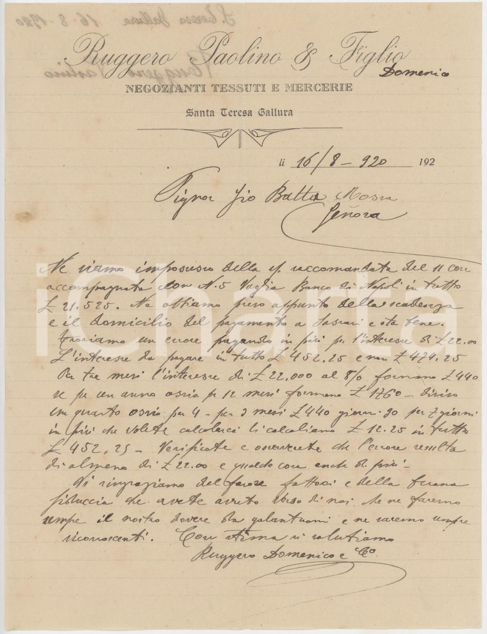 Manoscritto, lettera originale 1920 SARDEGNA SANTA TERESA DI GALLURA Ditta Ruggero PAOLINO Tessuti  Lettera 1