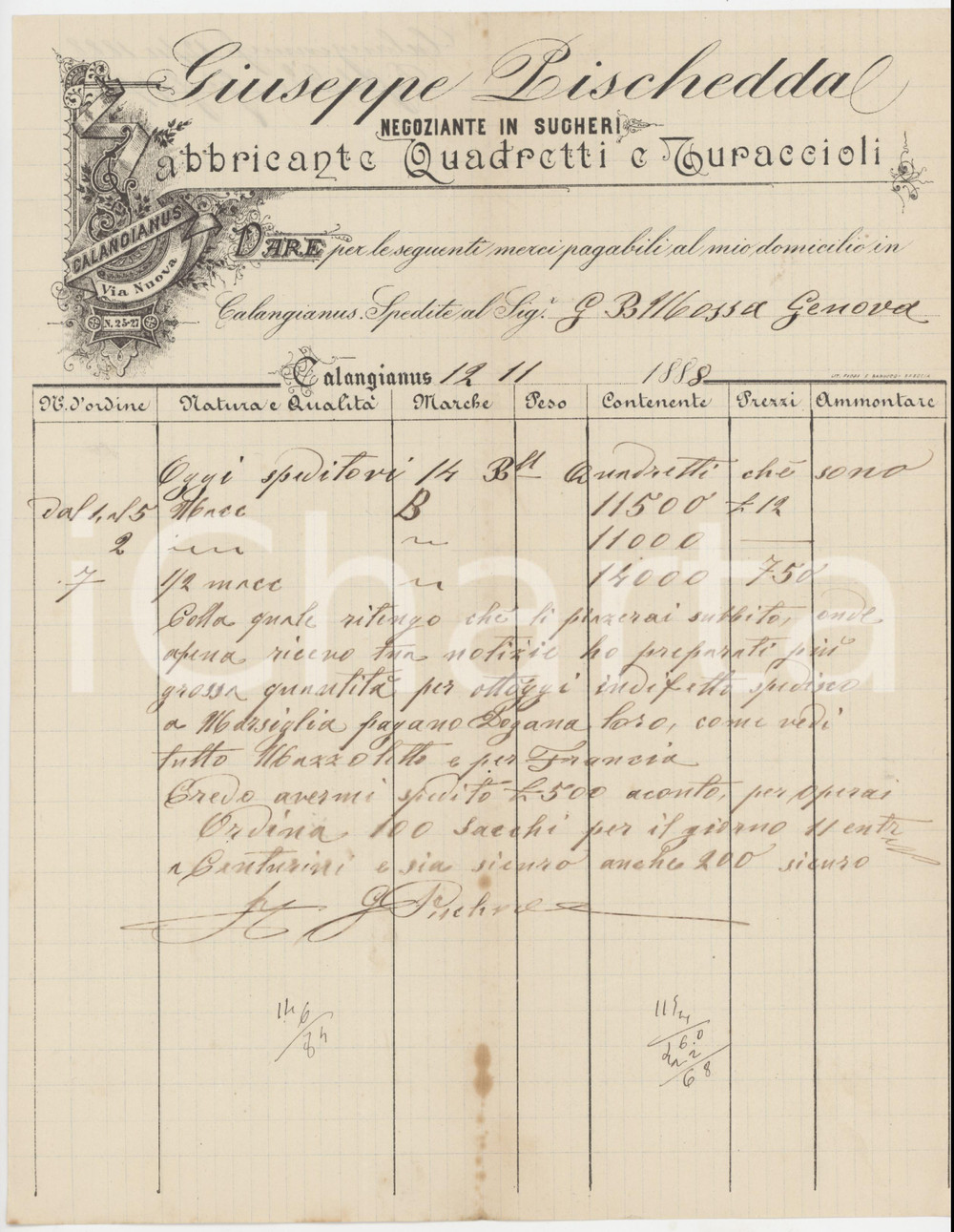 Manoscritto, lettera originale 1888 SARDEGNA CALANGIANUS Ditta Giuseppe PISCHEDDA  Lettera quadretti sughero 1