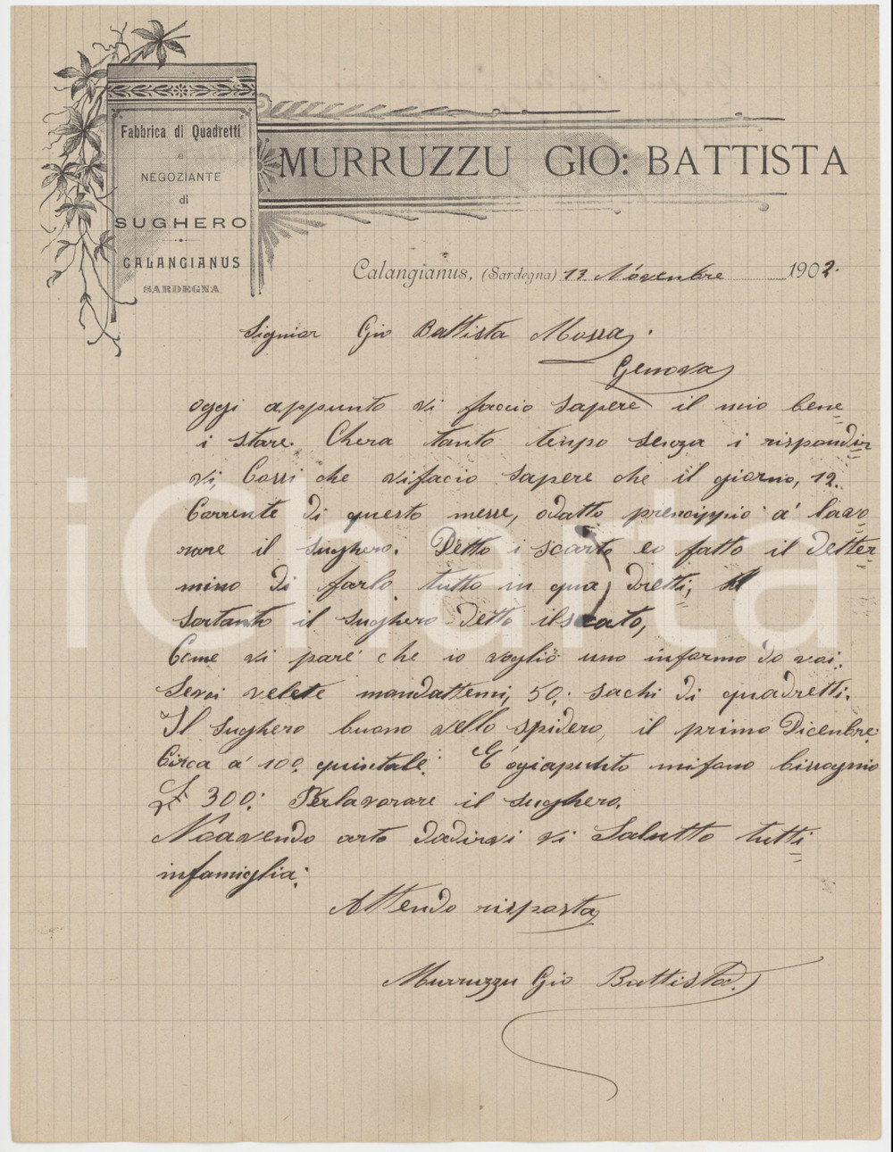 1902 SARDEGNA CALANGIANUS Lettera Giovanni Battista MURRUZZU quadretti sughero Lettera commerciale d'epoca, manoscritta, su carta intestata.PAGINE: 1 FAIR/discreto piegature d'epoca  originale e autentica 1