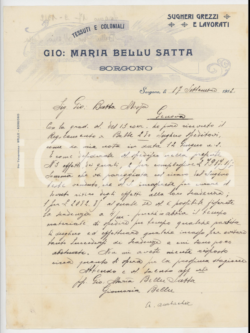 Manoscritto, lettera originale 1912 SARDEGNA SORGONO NU Lettera Giovanni Maria BELLU SATTA Sugheri 1