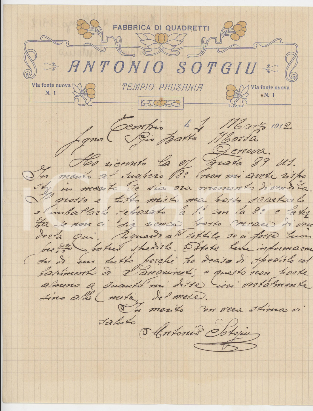 Manoscritto, lettera originale 1912 SARDEGNA TEMPIO PAUSANIA Lettera Antonio SOTGIU per quadretti sughero 1